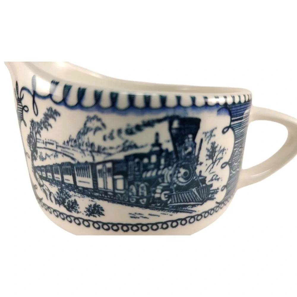 Vintage Currier and Ives Creamer Locomotive Blue White Mid Century Modern‎ SEE
